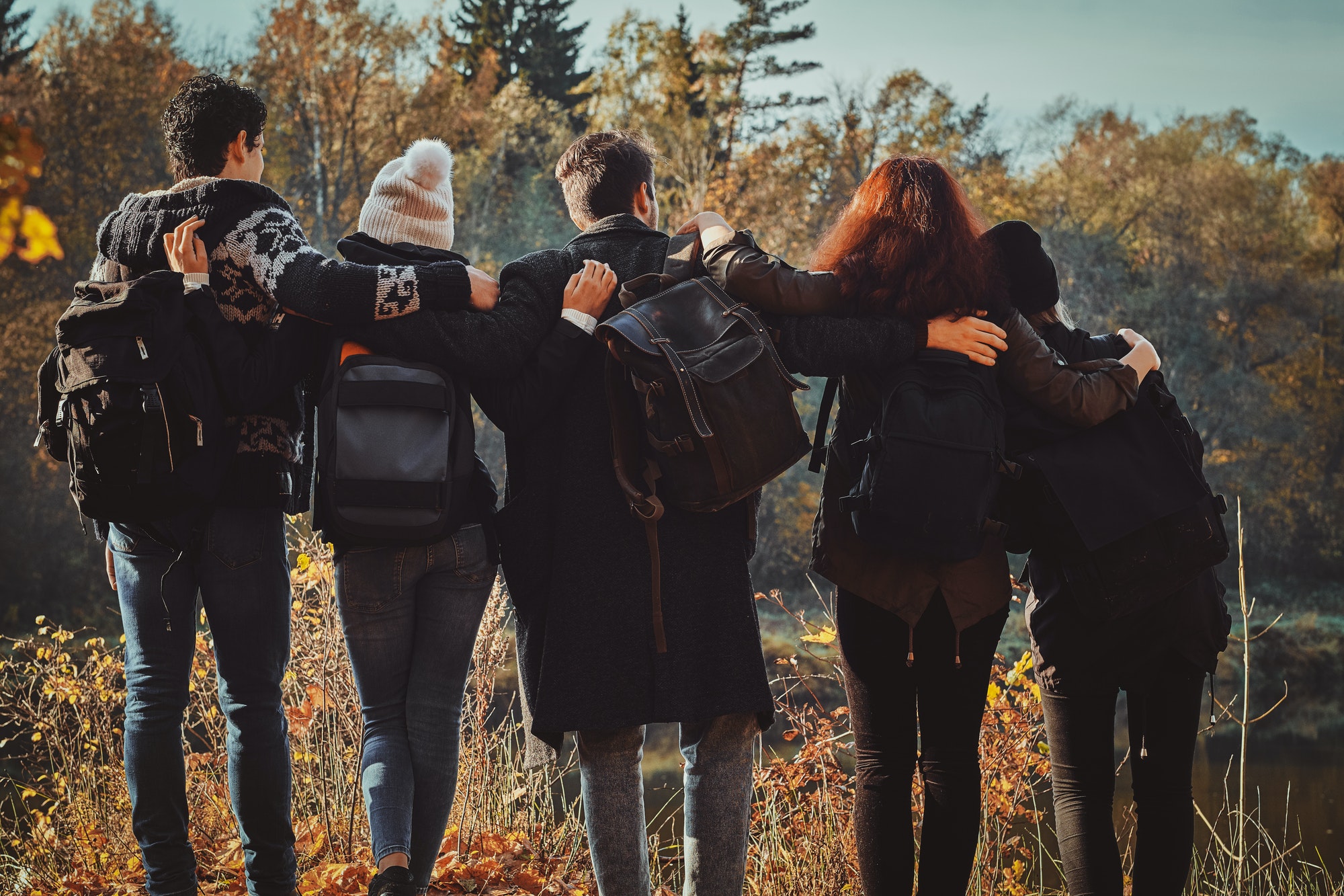 Group of friends are hiking at the forest